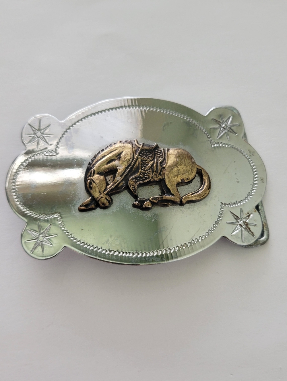 Vintage Western Cowboy Rodeo Horse Rope Border Silver Plated / Brass Belt Buckle